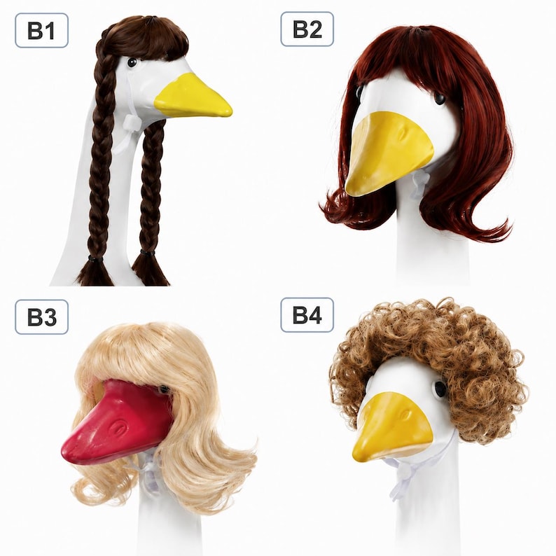 May include: Four white goose head models labeled B1, B2, B3, and B4. B1 has brown braided hair and a yellow beak. B2 has shoulder-length auburn hair and a yellow beak. B3 has blonde hair and a red beak. B4 has short curly brown hair and a yellow beak.