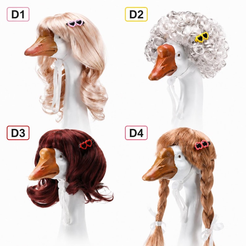 May include: Four white goose figurines wearing different synthetic hair wigs and heart-shaped hair clips. D1 features long blonde wavy hair, D2 has a curly silver afro, D3 displays a short dark red bob, and D4 shows light brown braided pigtails.