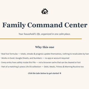Family Command Center Dashboard | Excel Google Sheets Life OS (Digital Planner)
