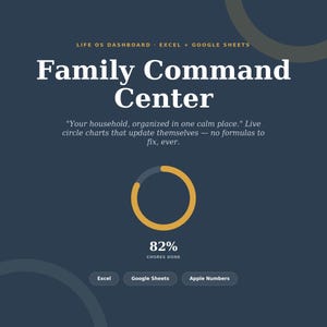 May include: A digital dashboard titled Family Command Center for Excel and Google Sheets. It features a circular progress chart showing 82% chores done, with text stating: Your household, organized in one calm place. Live circle charts that update themselves.