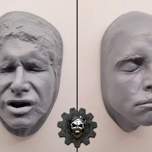May include: Two gray plaster face sculptures, one with an open mouth and furrowed brow, the other with closed eyes. A gear-shaped emblem with a skull and beard is between them. The sculptures are mounted on a light-colored surface.