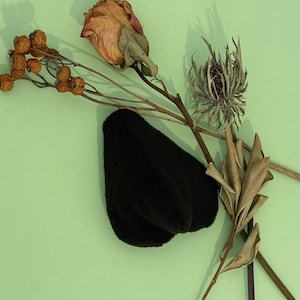 Op de afbeelding: Een zwart, zacht aanvoelend, hartvormig object geplaatst tussen gedroogde botanische elementen, waaronder een verwelkte roos, een stekelige distel en een takje met kleine, ronde, oranjebruine bessen tegen een effen lichtgroene achtergrond.