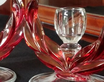 Vintage Indiana Glass Ruby Stain Willow Candlesticks