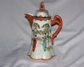 Early 1900's Collector Hand Painted Japanese Scenery Porcelain Chocolate Pot / Tea Pot with Lid Geisha's and Gold Trim 9.5"
