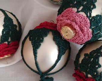 Hand Crocheted Christmas Ornament Victorian Rose Over Glass Sold Separately