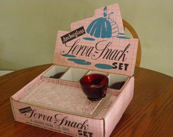 Vintage Early Anchor Glass Serv a Snack Colonial Lady Snack Set Ruby Cups Mint in Box