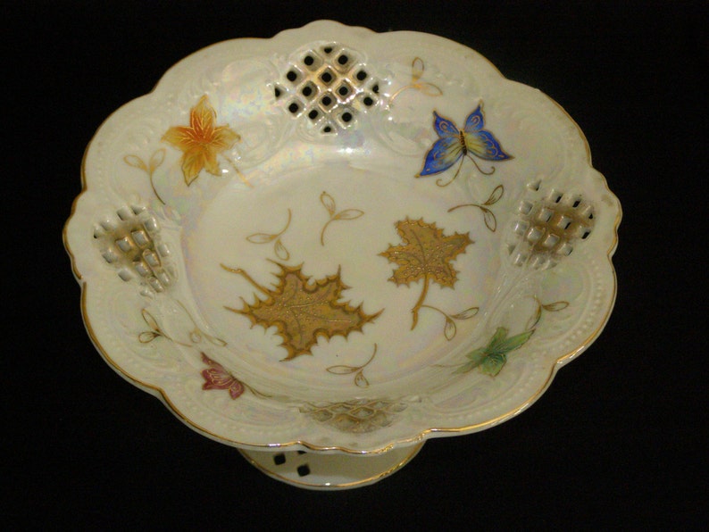 Autumn Leaves-Handpainted Gold Trim Vintage Compote by Lipper with Abalone coloring Butterflies
