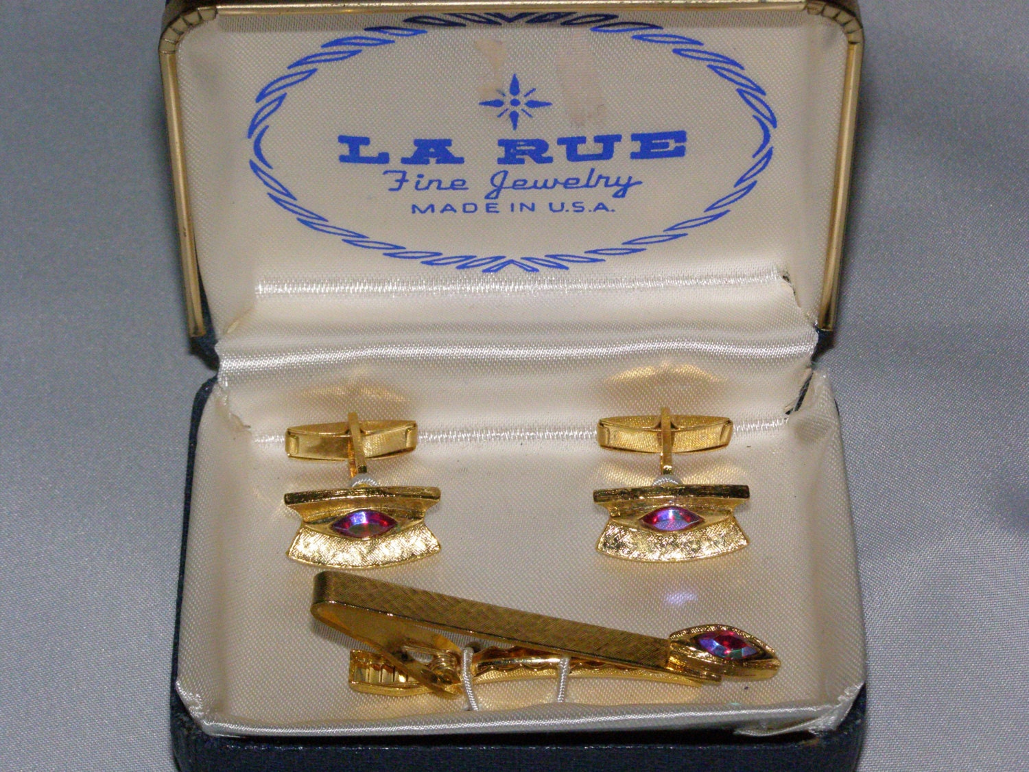 Vintage La Rue Men's Gold Color Cuff Links & Tie Clasp With Red Fuax Stone Made in USA Etsy