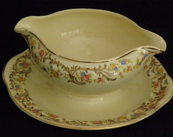 Vintage Circa 1930-1940s Gravy Boat w/ Attached Under-plate Hand Painted 22K Gold Trim Double Spout by Taylor Smith & Taylor