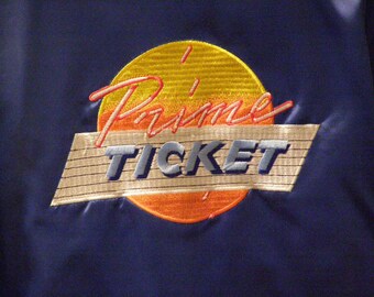 70s Prime Ticket Sports Satin Jacket Embroidered Front & Back Snap Knit Cuffs Size Medium TV just for Lakers and Kings