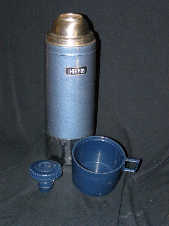 Vintage Thermos 1 Liter Unbreakable Steel Vacuum Bottle No 248OC Gun Medal Blue