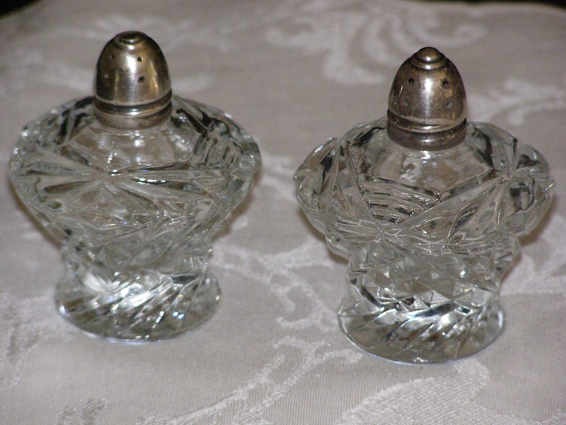 Vintage Salt and Pepper Shakers Clear Pressed Glass Plated Silver Tops