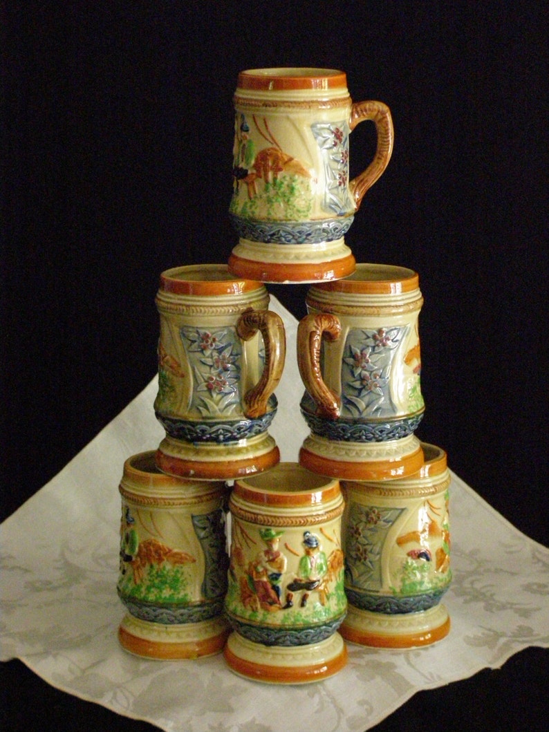 Japanese Handpainted Steins six 6 Porcelain Beer Mug 4 5/8 Tall