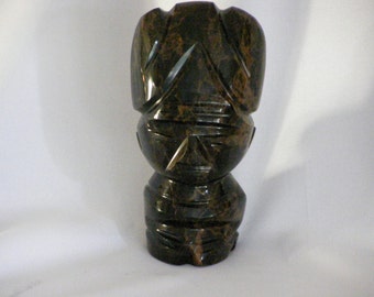 Hand Carved Mahogany Obsidian Aztec Statue RARE 4" Volcanic Glass