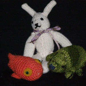 Vintage Cute Little Hand Knit Crocheted Baby Toys Animals Lot of Three 3 Rabbit Fish Pig image 1