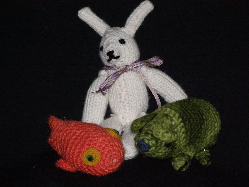 Vintage Cute Little Hand Knit Crocheted Baby Toys Animals Lot of Three 3 Rabbit Fish Pig image 1