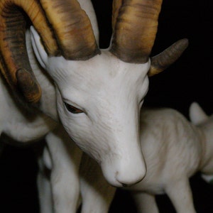 May include: A white porcelain figurine of a ram with curled horns. The ram is standing with its head lowered and its horns are curled forward. The figurine is detailed with realistic features, including the ram's fur and horns.