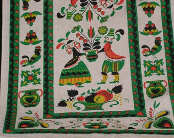 Vintage Linen Tea Towel Green Red Folk Art 26.5" X 15"