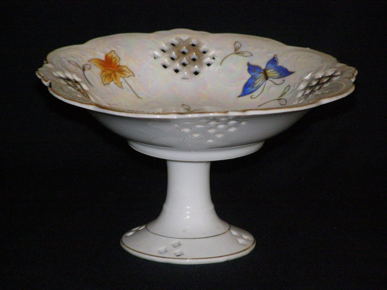 Autumn Leaves-Handpainted Gold Trim Vintage Compote by Lipper with Abalone coloring Butterflies