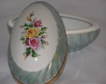 Vintage Trinket Box-Norleans- Japan-Porcelain-Egg shaped-Roses-24k Gold Trim - 5.5"