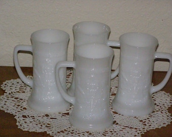 Vintage Milk Glass Beer Mugs-4-Made in USA Barware Design of People Drinking