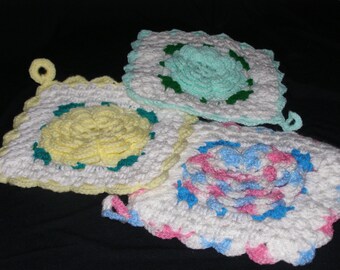 Beautiful Potholder Trio Lot 3D Floral Centers with Hooks