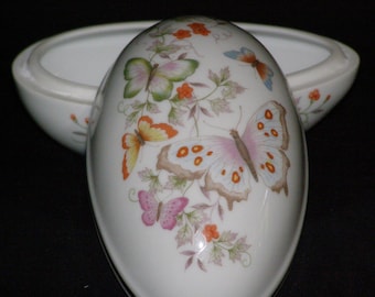 Vintage Avon 1979 Porcelain Egg Trinket Box 22K Gold Trim with Butterflies Dresser Box Jewelry