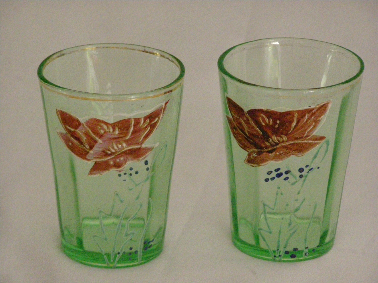 Vintage Uranium Drink Glasses 2 With Butterfly in Grass Handpainted