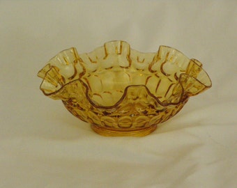 Vintage Fenton Heavy Amber Thumb Print Bowl with Crimped Ruffled Edge