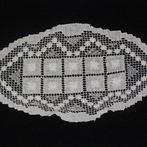 May include: White crocheted oval doily with a delicate floral pattern and a central grid design.