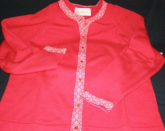 Vintage Jantzen Red Cardigan Wool Sweater 1950's LADIES SIZE 38 with White and Red Trim Fabulous!