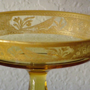 Vintage Beautiful Tiffan-Fostoria-Heisey Compote BonBon dish in amber with Gold Filigree work Peacock in pattern