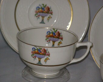 Tea for 2 Vintage Cup and Saucers England WW Grindley Bowl of Floral with 22 Gold and Quilted  Rare HTF Afternoon Tea or Coffee