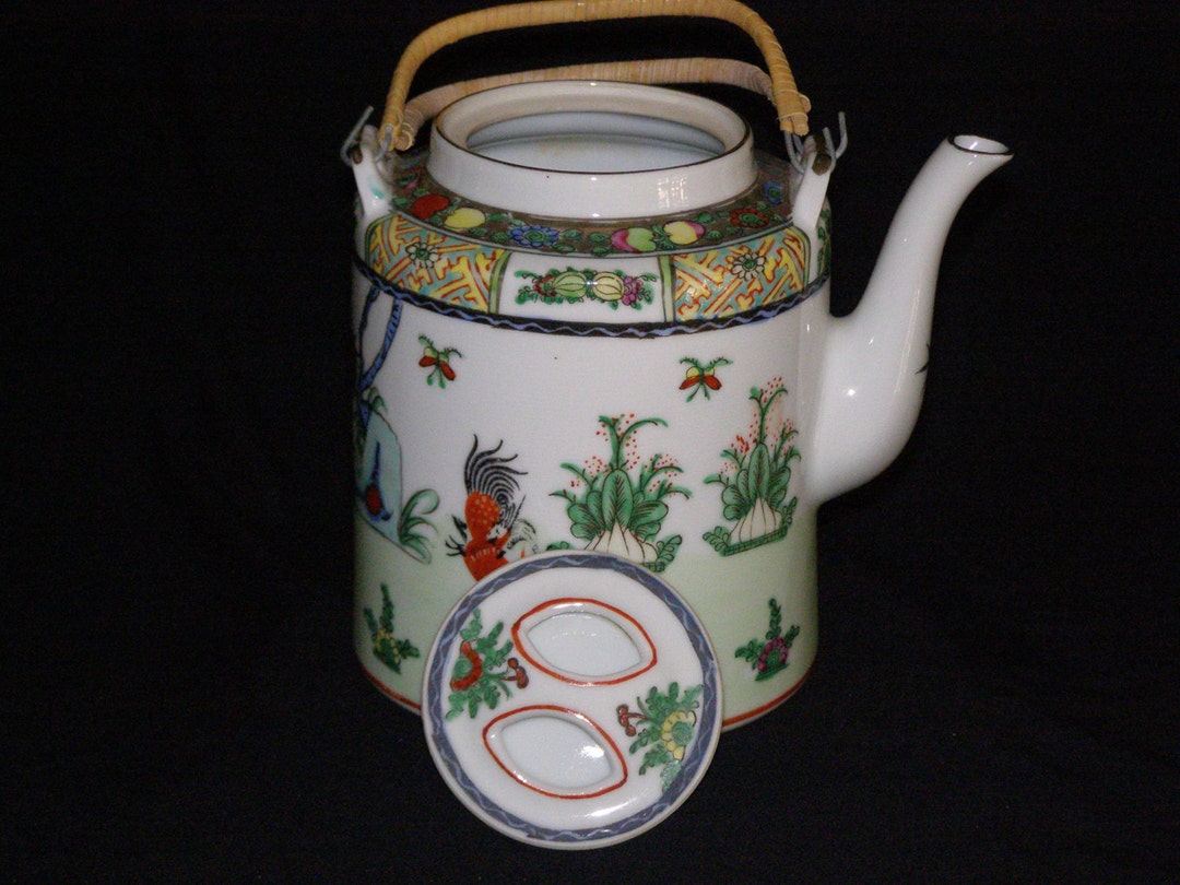 Vintage Overjoy Teapot With Lid Handpainted Hong Kong Wicker Handle