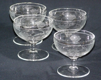 Vintage Set of 4 Etched Grape and Vine Cluster Depression Glass Sherbert  Dessert Dishes