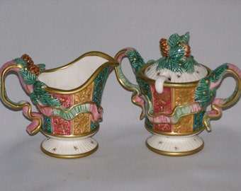 Vintage Fitz and Floyd Creamer Sugar Bowl, Lid and Spoon in the Damask Christmas Pattern