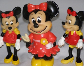 Minnie Mouse Vintage 3pc Walt Disney Lot, Bank, Toy Figures all figure have Moving Parts