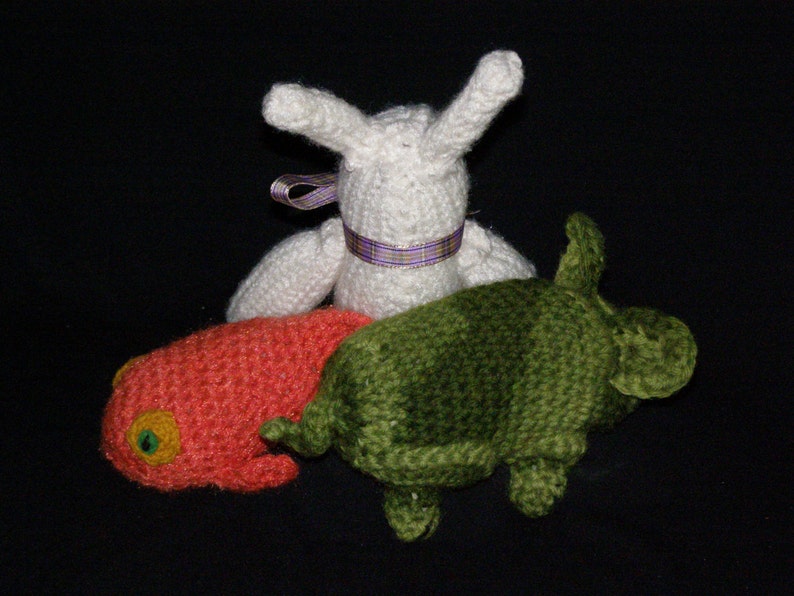 Vintage Cute Little Hand Knit Crocheted Baby Toys Animals Lot of Three 3 Rabbit Fish Pig image 5