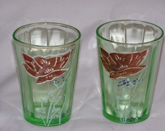 Vintage Uranium Drink Glasses (2) with Butterfly in Grass Hand-Painted Circa 1930-1940s Glow under Blacklight