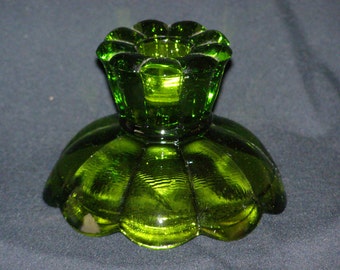 Vintage Green Glass Candlestick Holder Scalloped Edges Top and Bottom