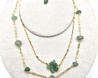 Gold Layered Necklace with Aventurine Flower Pendant, Aventurine chip and rondelle beads
