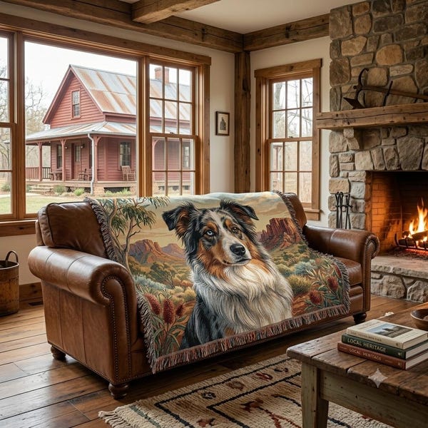 Australian Shepherd Landscape Woven Blanket | Desert Sunset Dog Throw