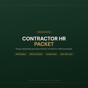 以下が含まれることがあります： TRADEDOCSCOによるCONTRACTOR HR PACKETというタイトルのデジタルドキュメントセット。18種類のHRテンプレート、1099およびW-9トラッキング、COI期限アラートが含まれており、Word、PDF、Excel形式で提供され、採用、オンボーディング、下請け業者の記録管理に使用されます。