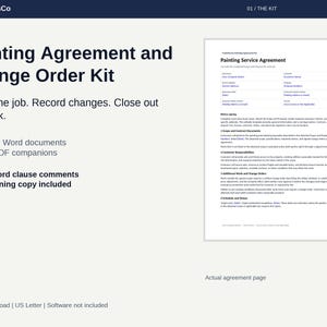 May include: A digital Painting Agreement and Change Order Kit from TradeDocsCo featuring 7 editable Word documents and 5 static PDF companions. The document includes sections for scope, customer responsibilities, and change orders on US Letter paper.