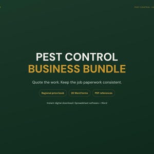 Könnte beinhalten: Ein dunkelgrünes digitales Dokumentenpaket mit dem Titel PEST CONTROL BUSINESS BUNDLE. Es enthält ein regionales Preisbuch, 26 Word-Formulare und PDF-Referenzen. Der Text lautet: Quote the work. Keep the job paperwork consistent. Sofortiger Download.