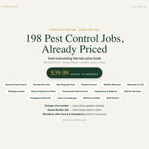 May include: A digital pest control price book template featuring the text 198 Pest Control Jobs, Already Priced. The document includes sections for general pest control, termite services, bed bug services, rodent control, and wildlife removal.