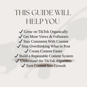 May include: A cream-colored graphic with the text "THIS GUIDE WILL HELP YOU" at the top. Below, bullet points list ways to grow on TikTok, including getting more views, staying consistent, and understanding the algorithm.