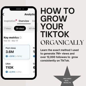May include: A smartphone screen displaying TikTok analytics, with the text "How to Grow Your TikTok Organically." The screen shows key metrics like post views and likes. A star graphic reads "Includes Real Results."