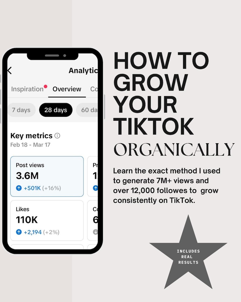 May include: A smartphone screen displaying TikTok analytics, with the text "How to Grow Your TikTok Organically." The screen shows key metrics like post views and likes. A star graphic reads "Includes Real Results."