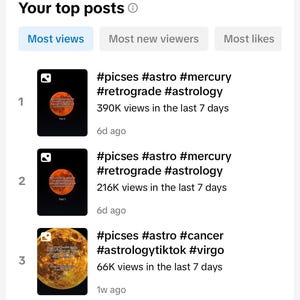 May include: Screenshot of a mobile app analytics page. The page displays the top posts based on views, with each post featuring an image and related hashtags such as #picses #astro #mercury #retrograde #astrology.